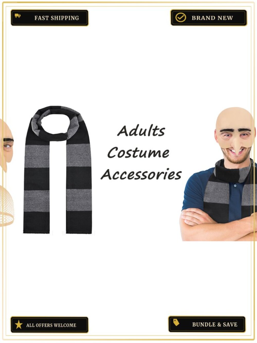3Pc Halloween Costume Set Bald Cap Striped Scarf Mesh Wig Cap Adult Cosplay - Picture 6 of 6